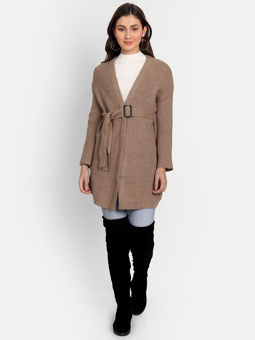 

iki chic Women Brown Solid Wool Longline Sweater with Belted Detail