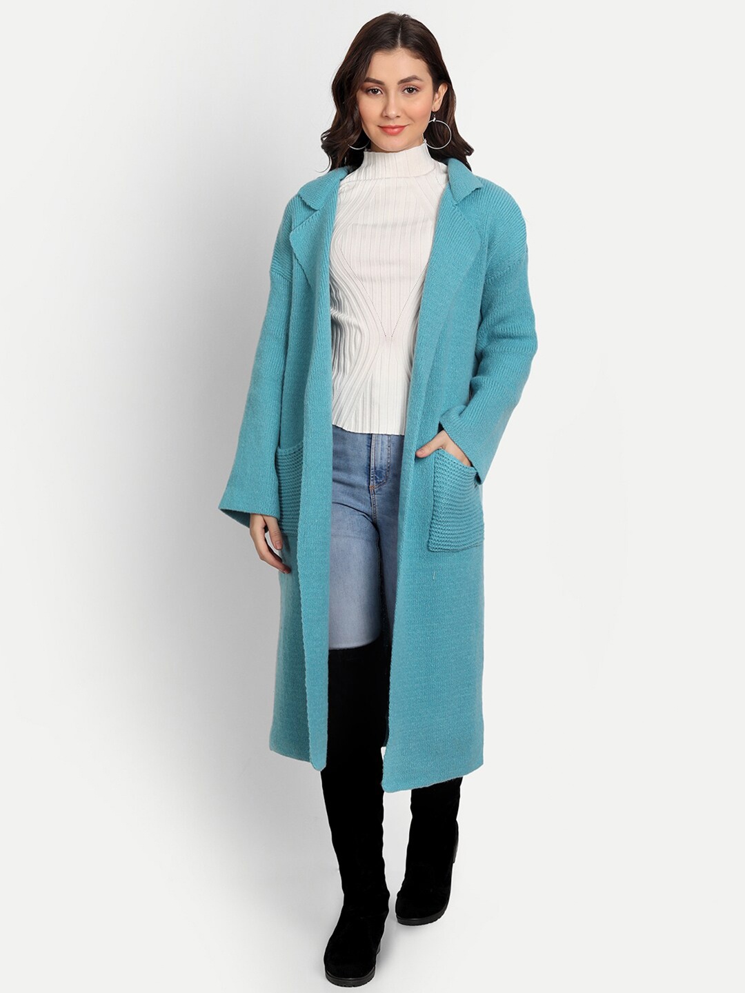

iki chic Women Blue Solid Front Open Longline Sweater with Belted Detail