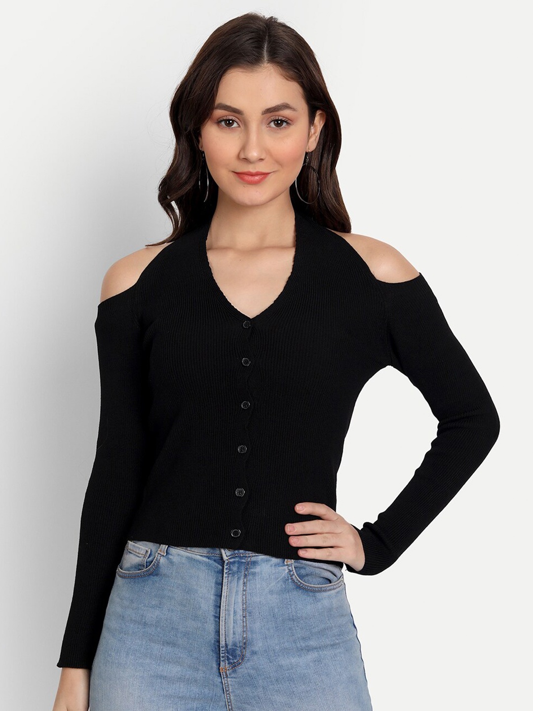 

iki chic Women Black Solid Crop Cardigan Sweater