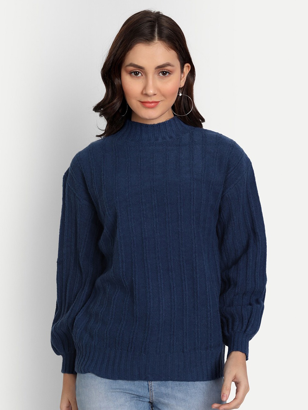 

iki chic Women Blue Ribbed Pullover Sweater