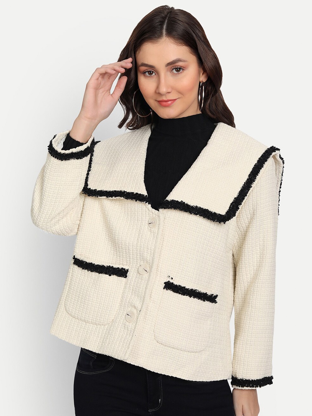 

iki chic Women White & Black Solid Cotton Cardigan Sweater