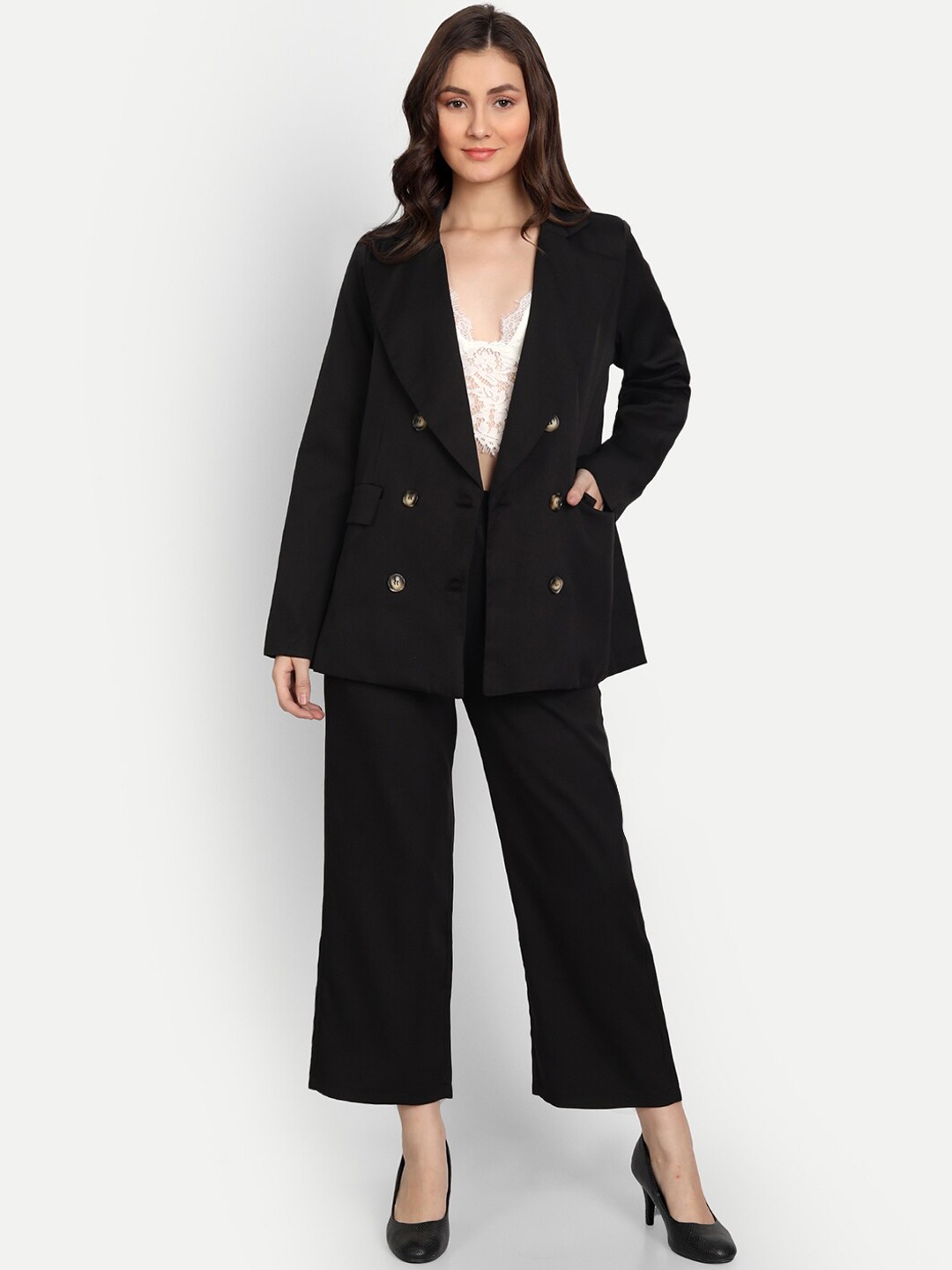 

iki chic Women Black Solid Double-Breasted 2-Piece Suits