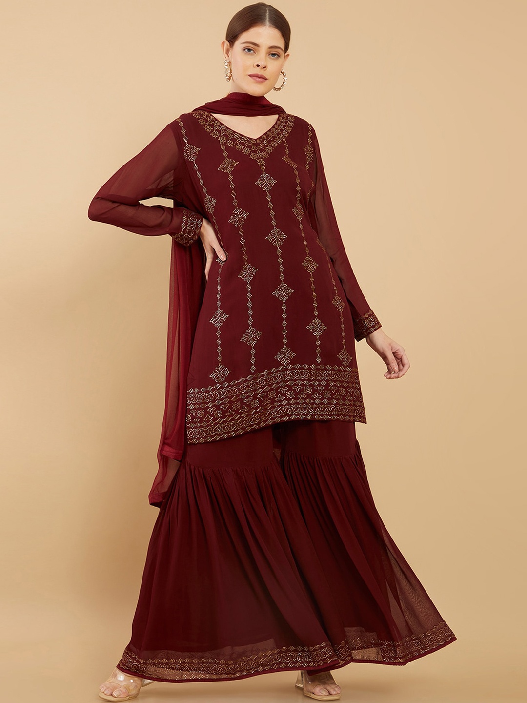 

Soch Women Maroon Ethnic Motifs Embroidered Raw Silk Kurta with Sharara With Dupatta