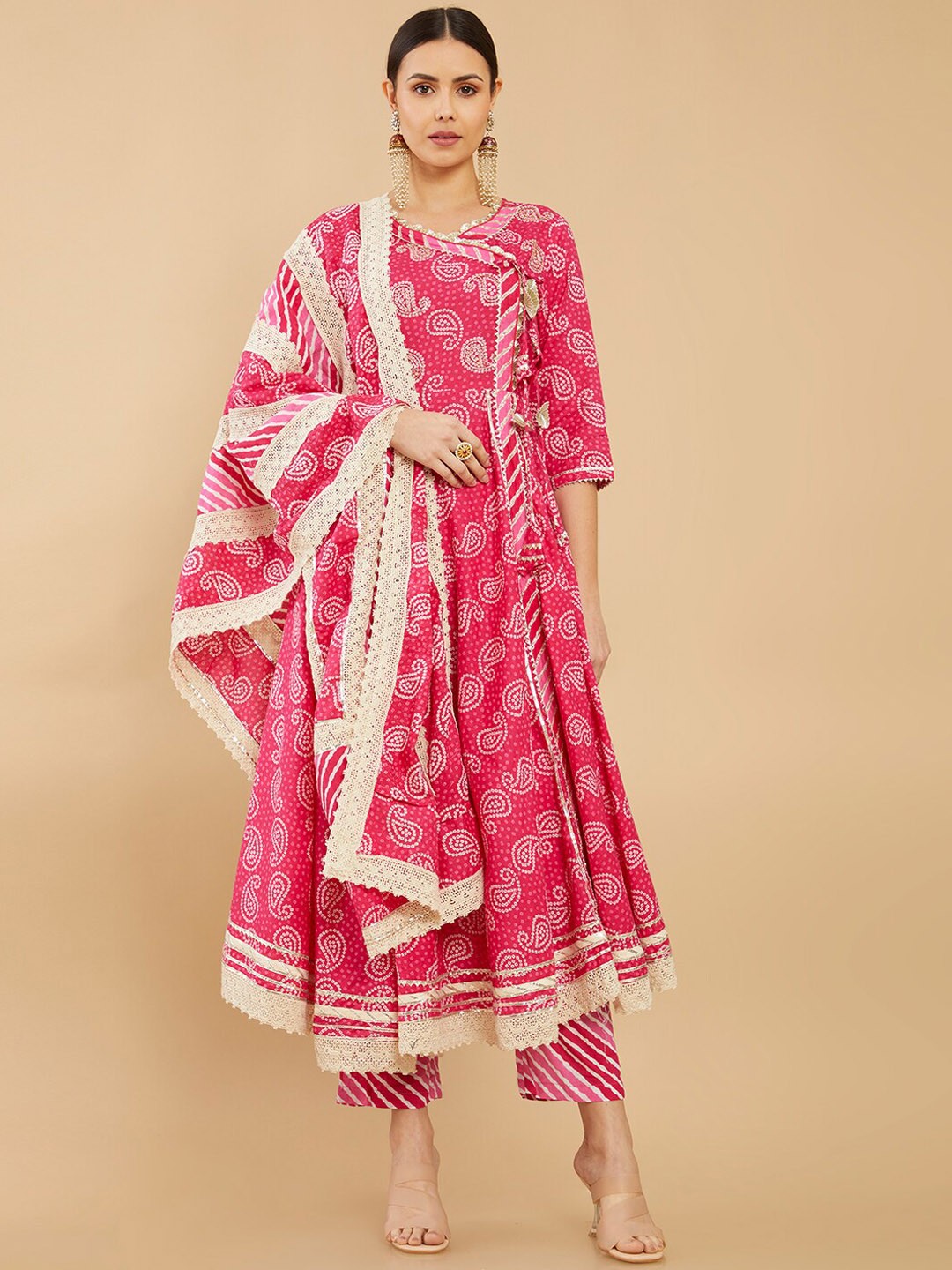 

Soch Women Pink Ethnic Motifs Printed Angrakha Gotta Patti Kurta with Trousers & With Dupatta