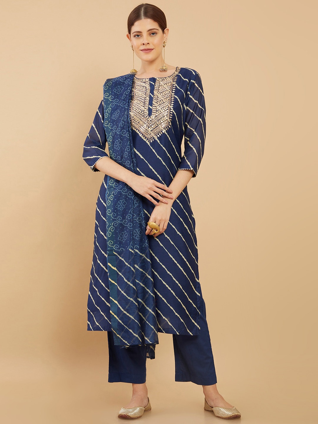 

Soch Women Navy Blue Striped Chanderi Silk Kurta with Trousers With Dupatta