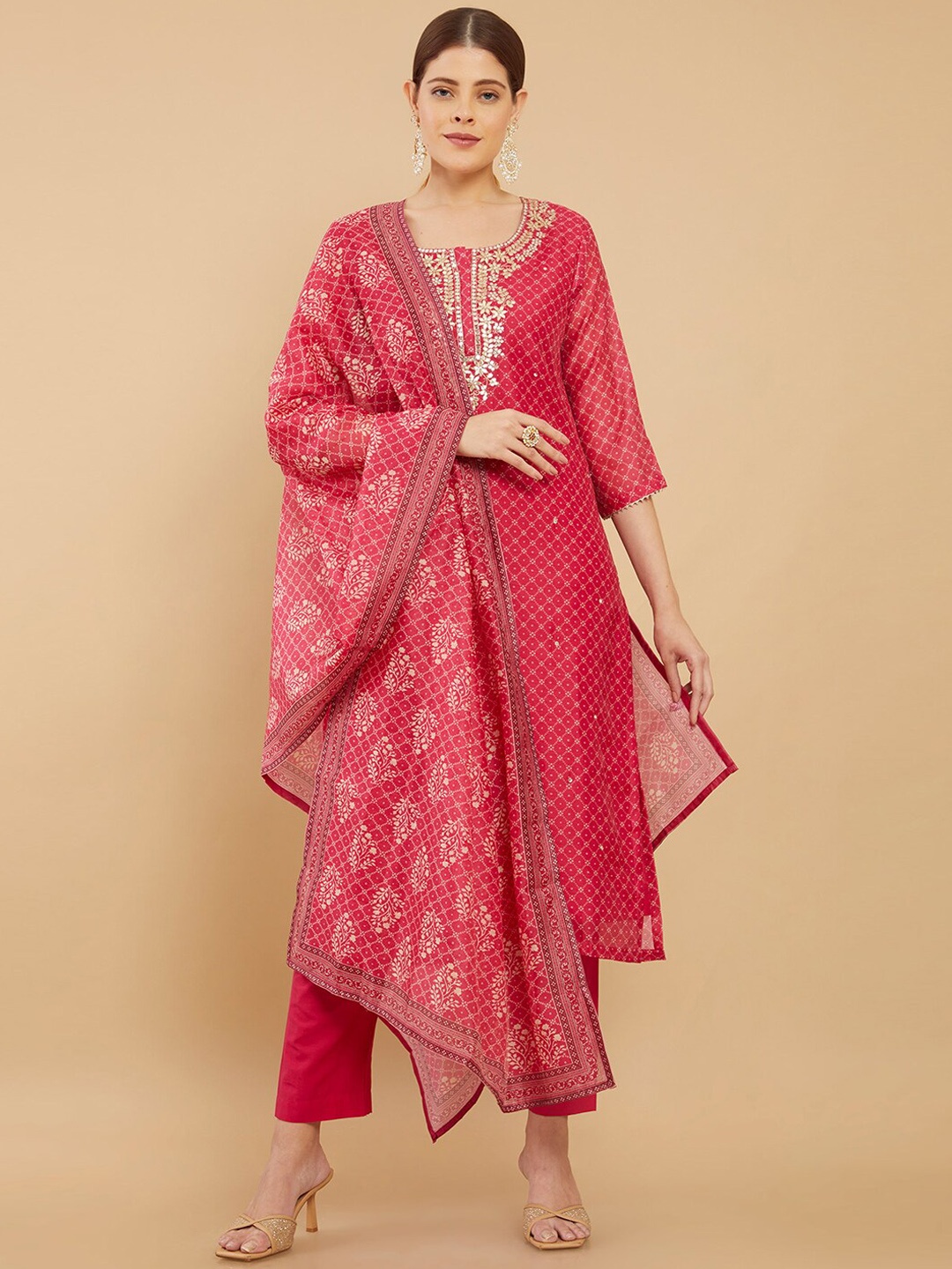 

Soch Women Pink Ethnic Motifs Printed Chanderi Silk Kurta with Trousers With Dupatta