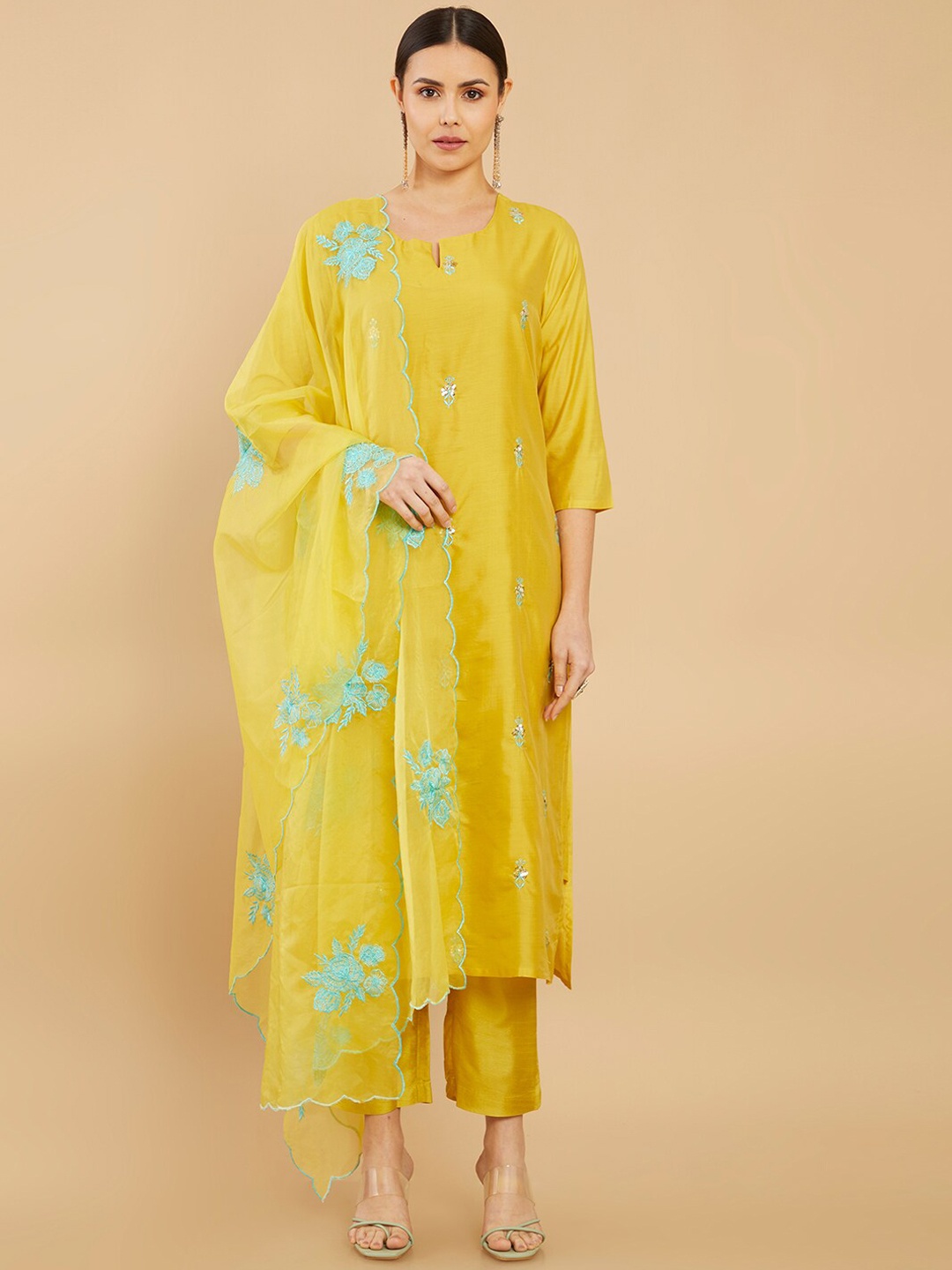 

Soch Women Mustard Yellow Floral Embroidered Kurta with Trousers With Dupatta