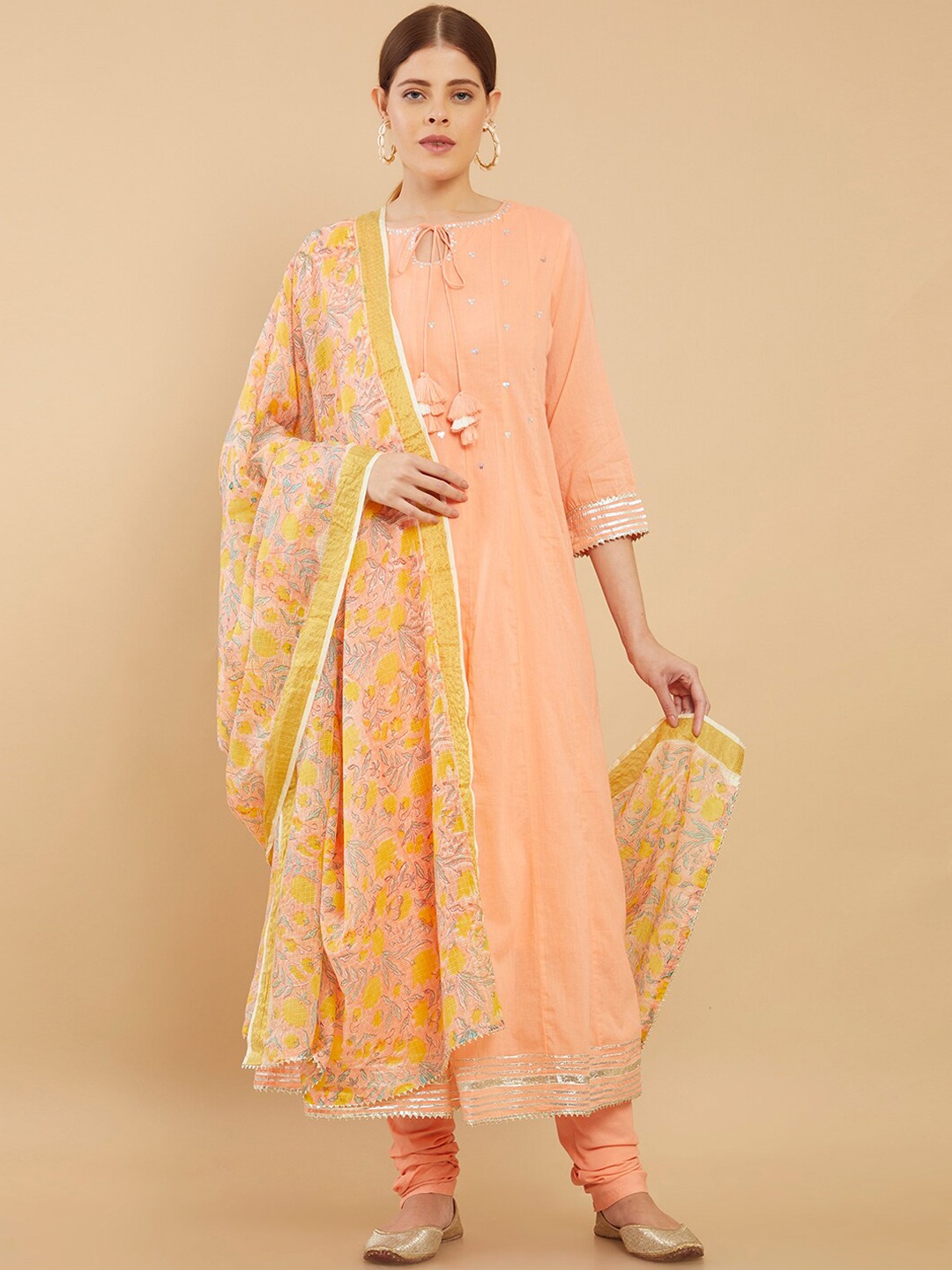 

Soch Women Peach-Coloured Pure Cotton Kurta with Churidar With Dupatta