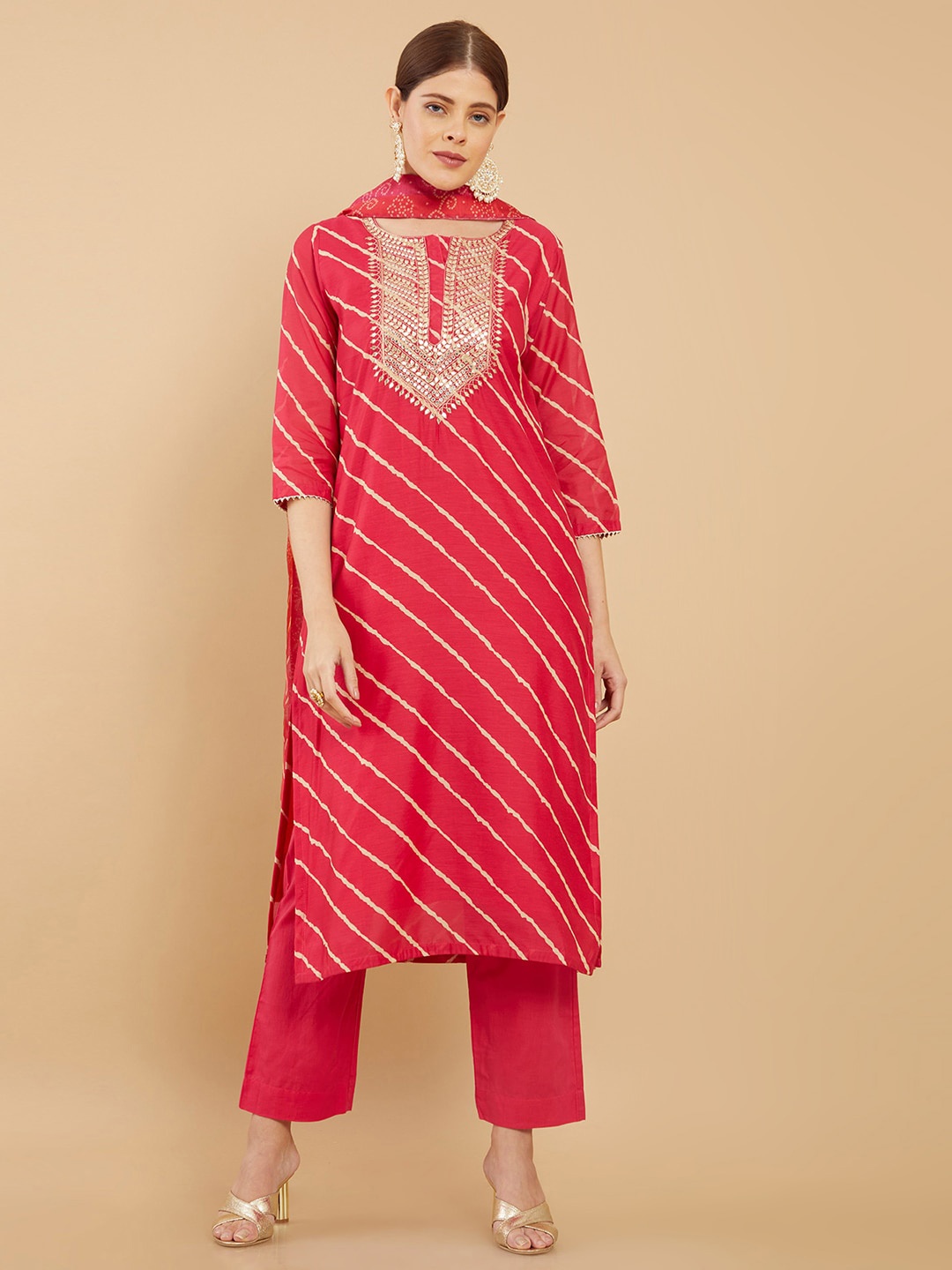 

Soch Women Pink Striped Chanderi Silk Kurta with Trousers With Dupatta