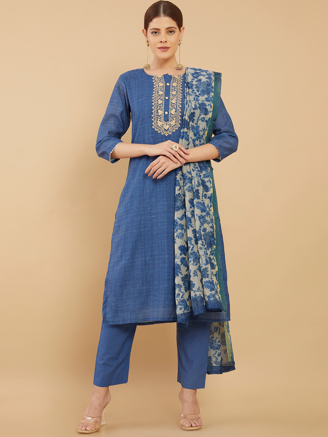 

Soch Women Blue Embroidered Chanderi Silk Kurta with Trousers With Dupatta