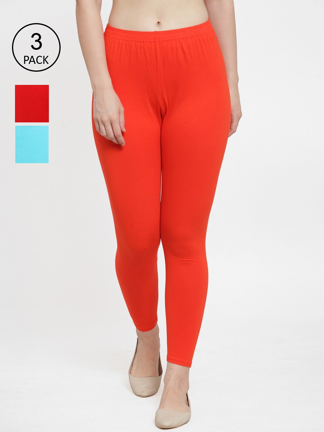 

GRACIT Women Pack Of 3 Solid Ankle-Length Cotton Leggings, Red