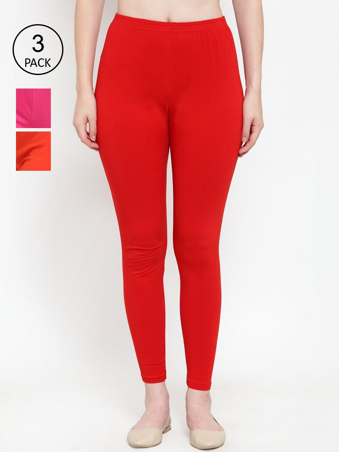 

GRACIT Women Pack Of 3 Solid Ankle-Length Cotton Leggings, Red