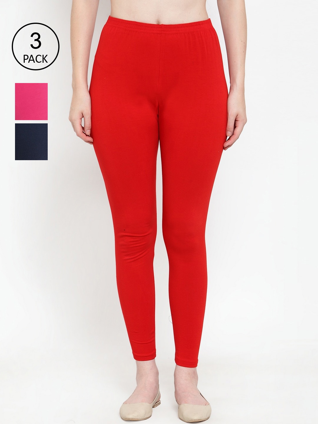

GRACIT Women Pack Of 3 Solid Ankle Length Leggings, Red