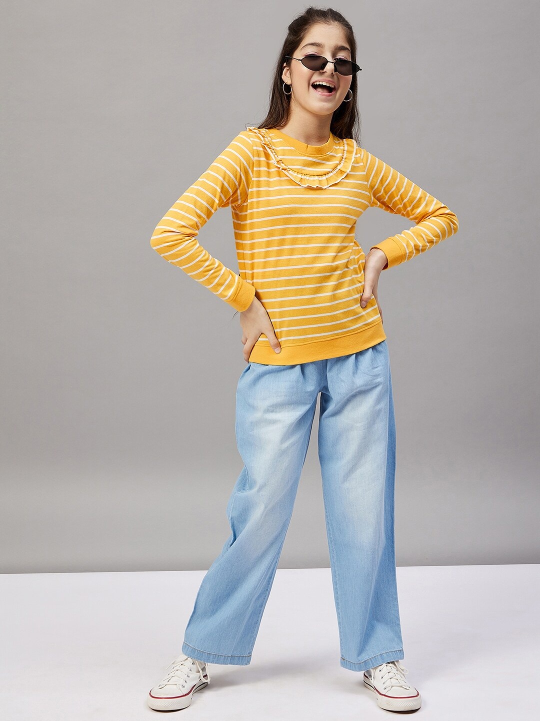 

Stylo Bug Yellow Striped Cowl Neck Ruffles Top