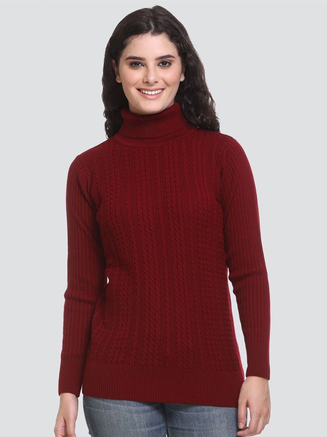 

GODFREY Women Maroon Cable Knit Turtle Neck Long Sleeves Acrylic Pullover Sweater