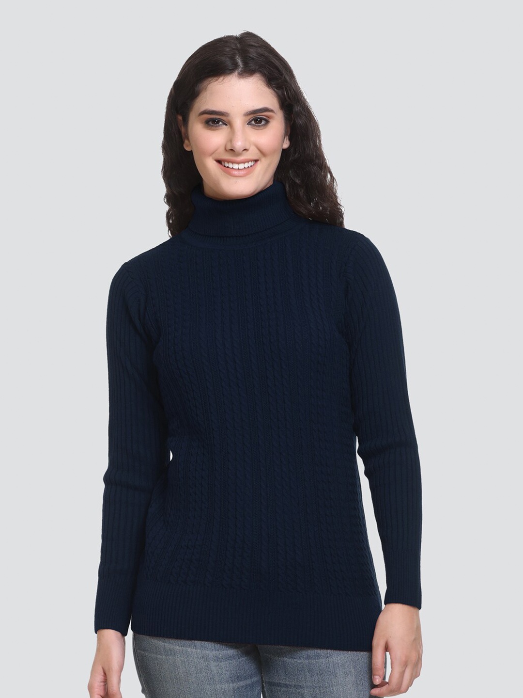 

GODFREY Women Navy Blue Cable Knit Turtle Neck Long Sleeves Acrylic Pullover Sweater