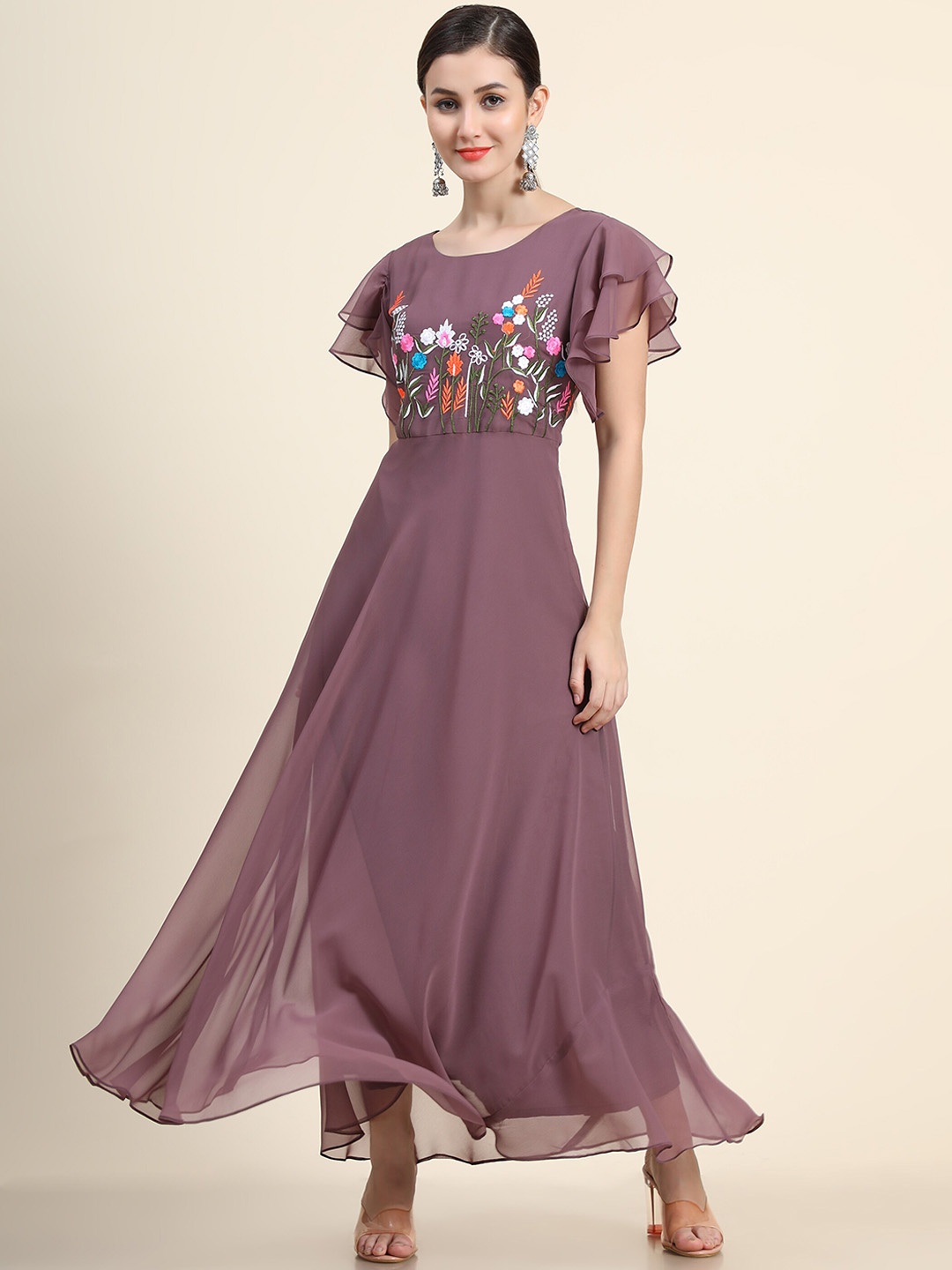 

KALINI Women Brown Embroidered Flared Ethnic Dress, Mauve