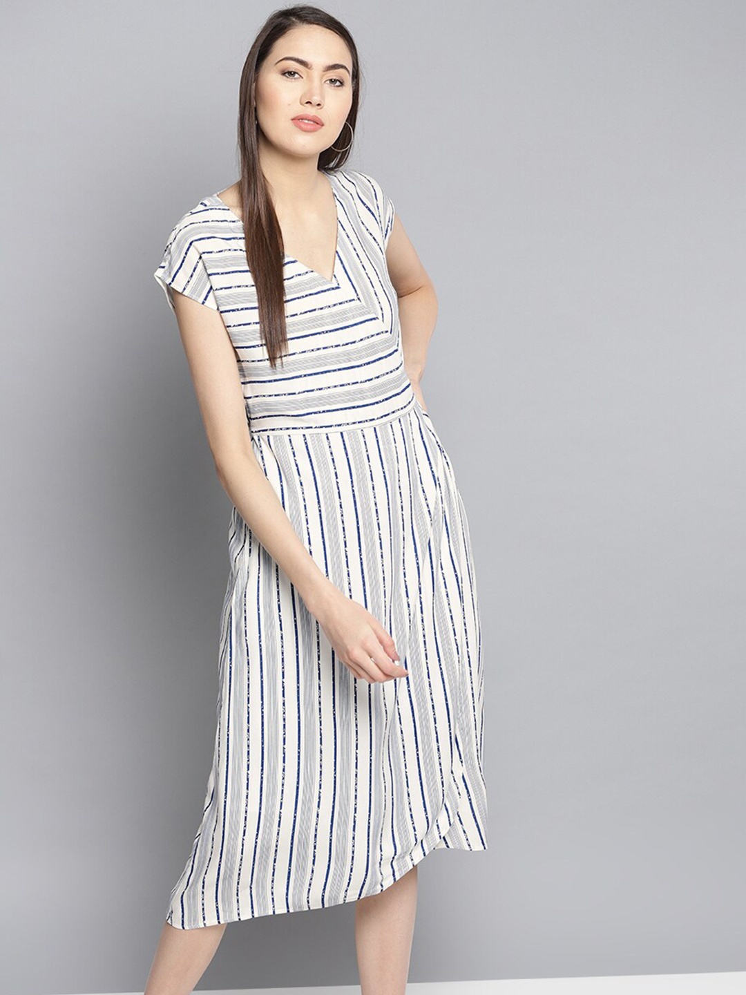 

Carlton London Women Navy Blue & Off White Striped Midi Dress