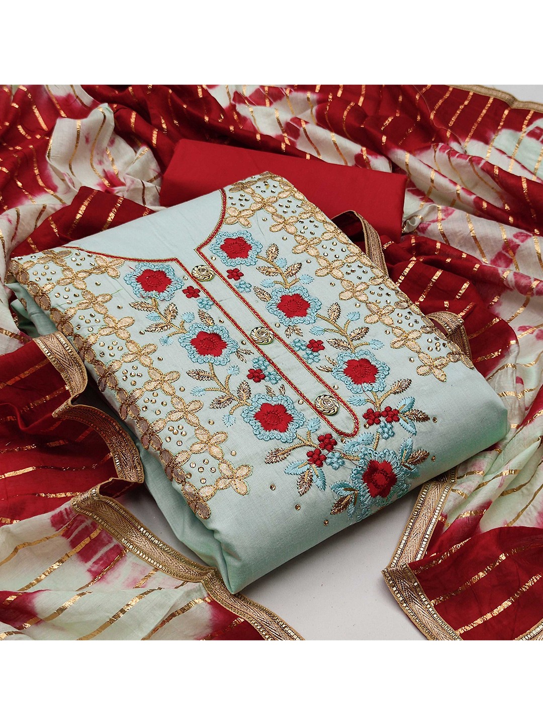 

KALINI Lime Green & Red Cotton Unstitched Dress Material
