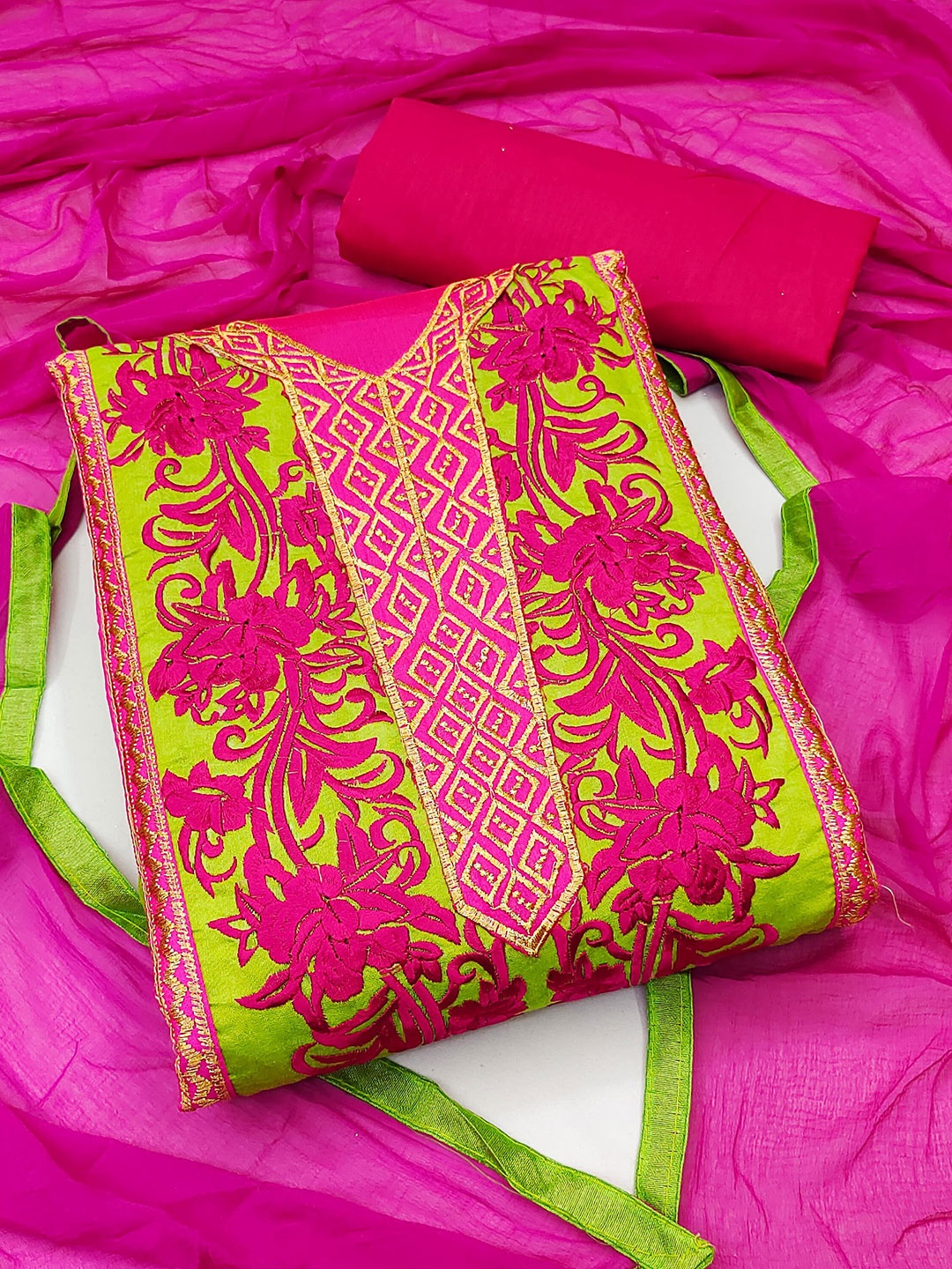 

KALINI Green & Pink Embroidered Unstitched Dress Material