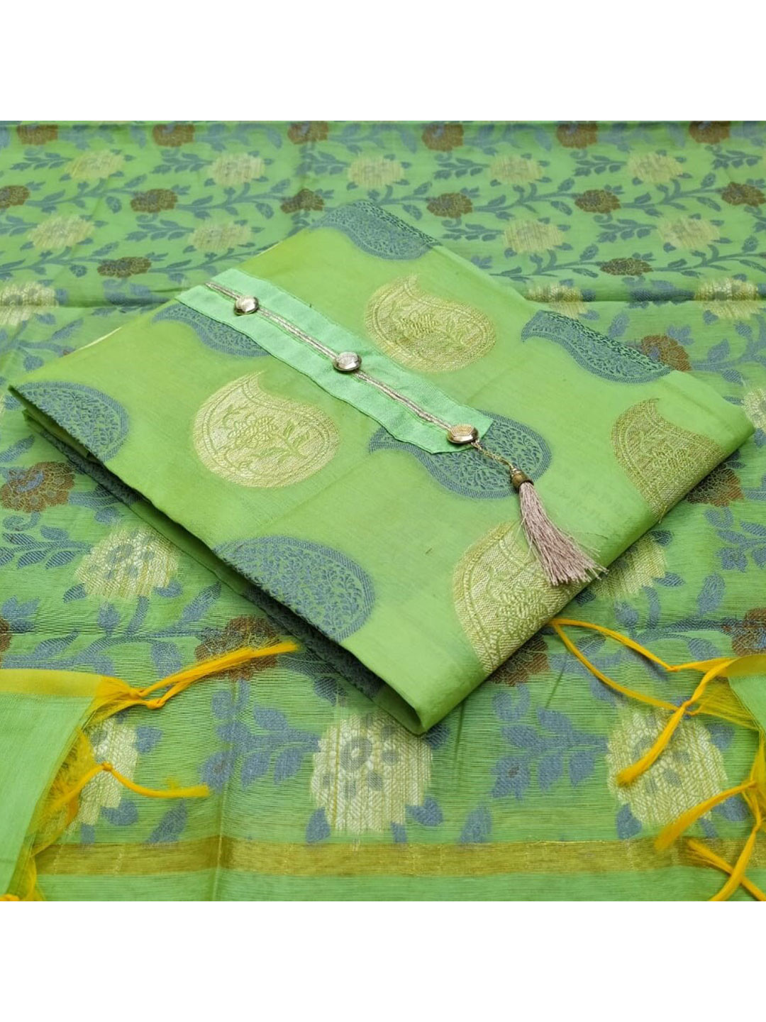 

KALINI Green & Brown Unstitched Dress Material