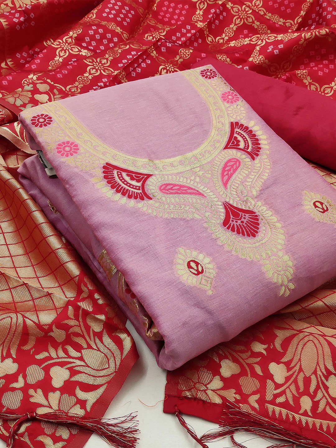 

KALINI Pink & Red Unstitched Dress Material
