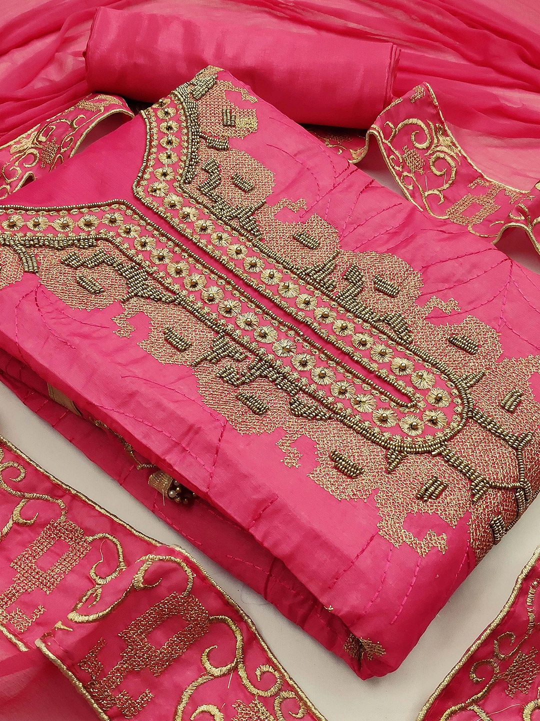 

KALINI Pink & Gold-Toned Embroidered Unstitched Dress Material