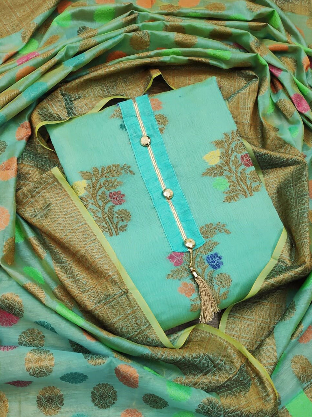 

KALINI Sea Green & Gold-Toned Unstitched Dress Material