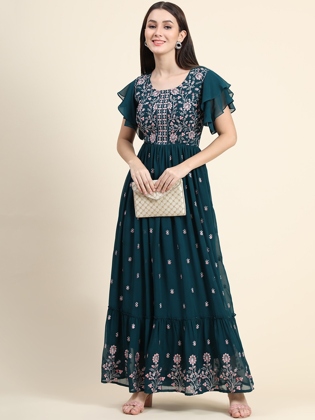 

KALINI Women Teal-Blue Embroidered Georgette Flared Maxi Gown