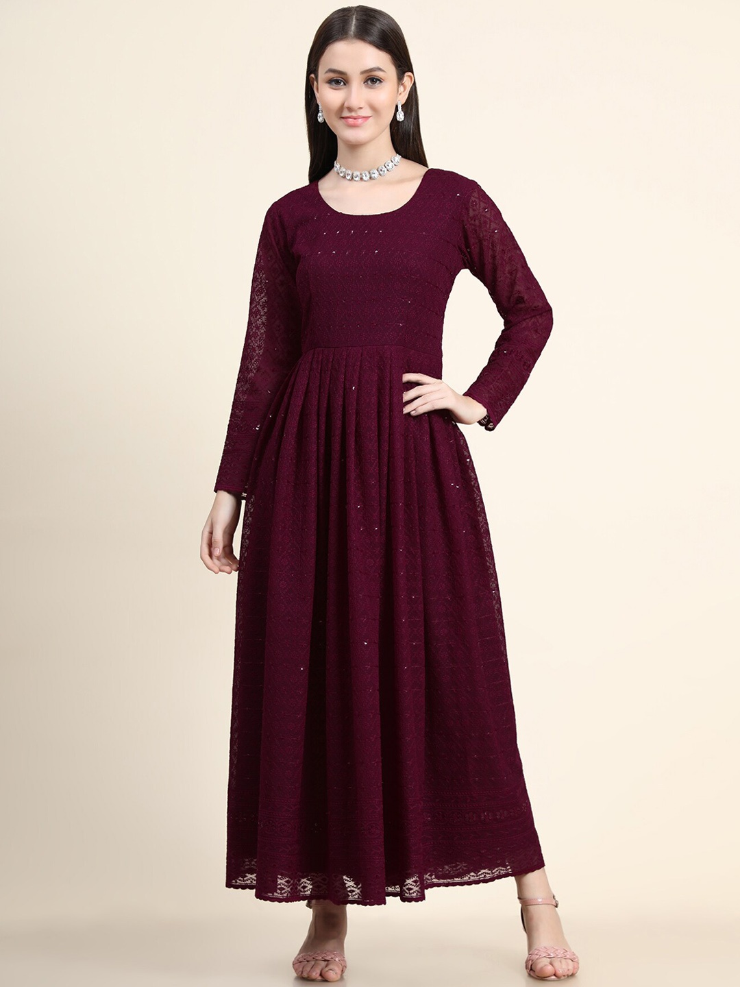 

KALINI Women Maroon Embroidered Georgette Maxi Gown