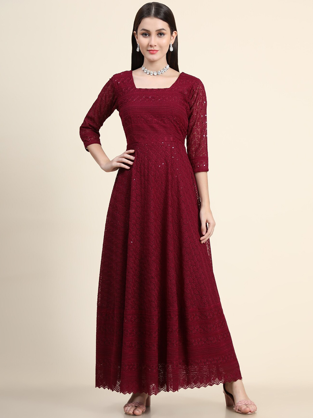 

KALINI Women Maroon Solid Self Design Maxi Dresses