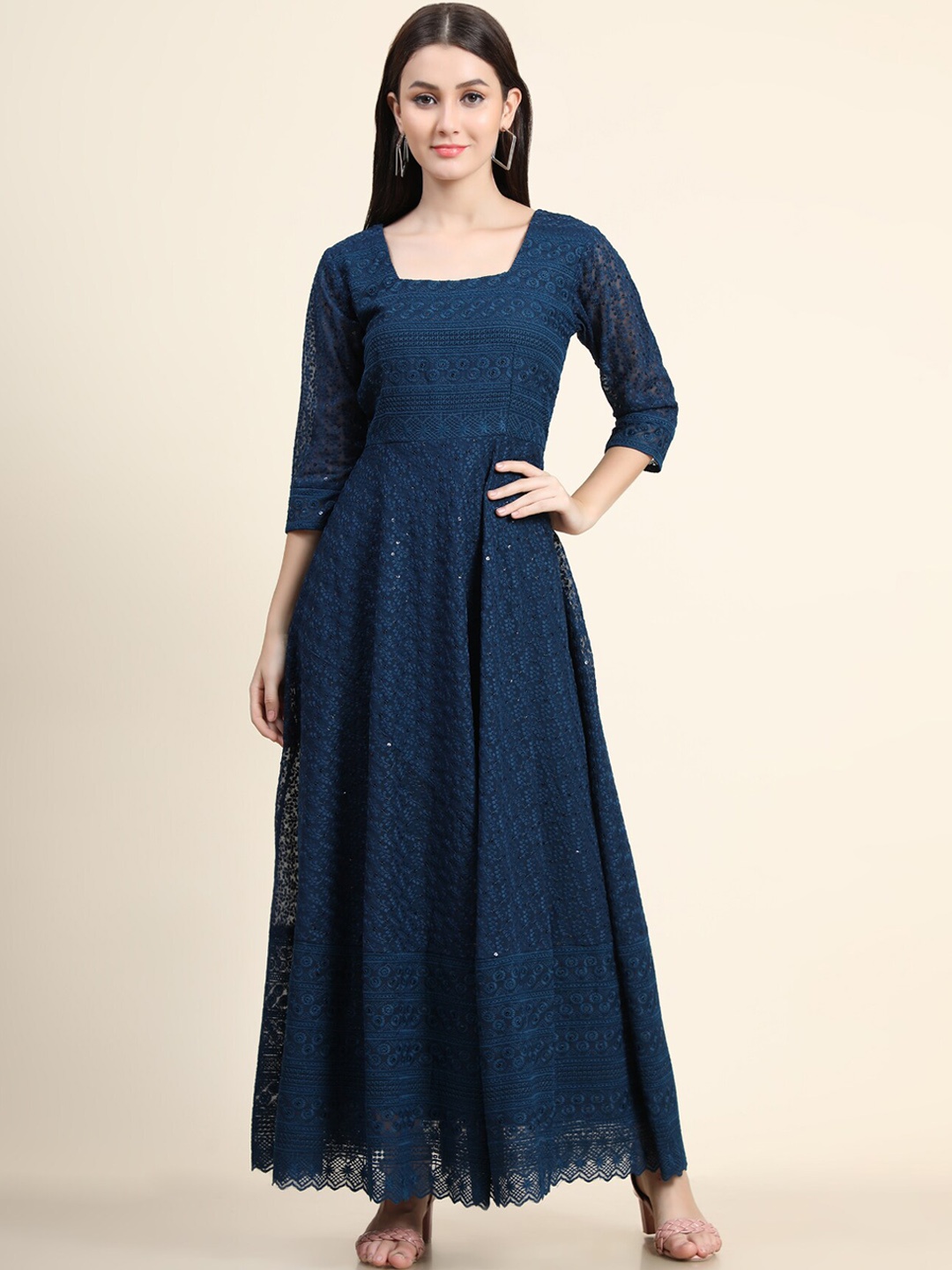

KALINI Women Teal Blue Self Design Georgette Maxi Gown