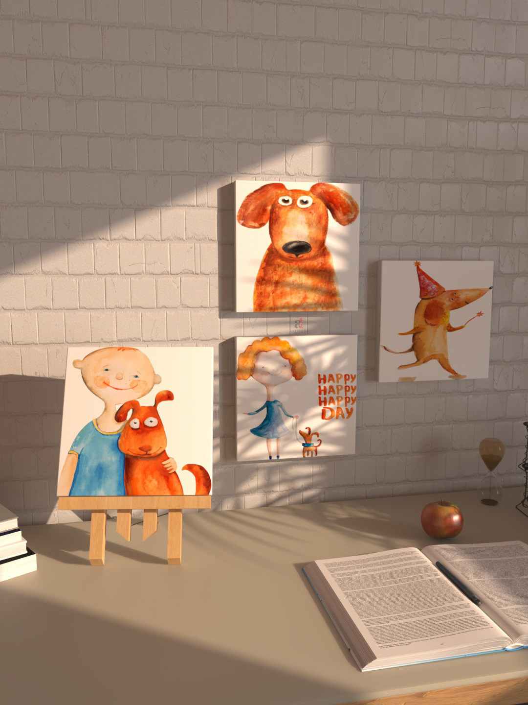 

Art Street Set Of 4 Peach-Coloured & White Kids With Cartoon Strech Canvas Wall Arts With 1 Stand
