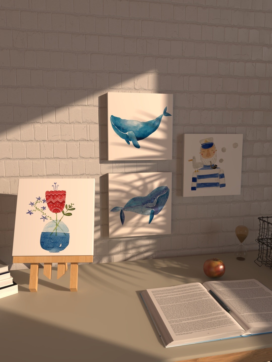

Art Street Set Of 4 White & Blue Printed Canvas Wall Art With 1 Stand