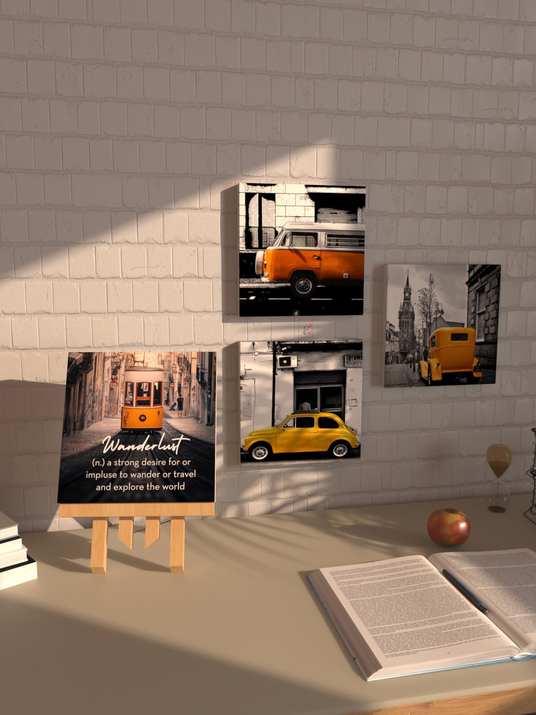 

Art Street Kids Room Set of 4 Vintag Car Quote Strech Canvas Print With 1 Stand, Yellow