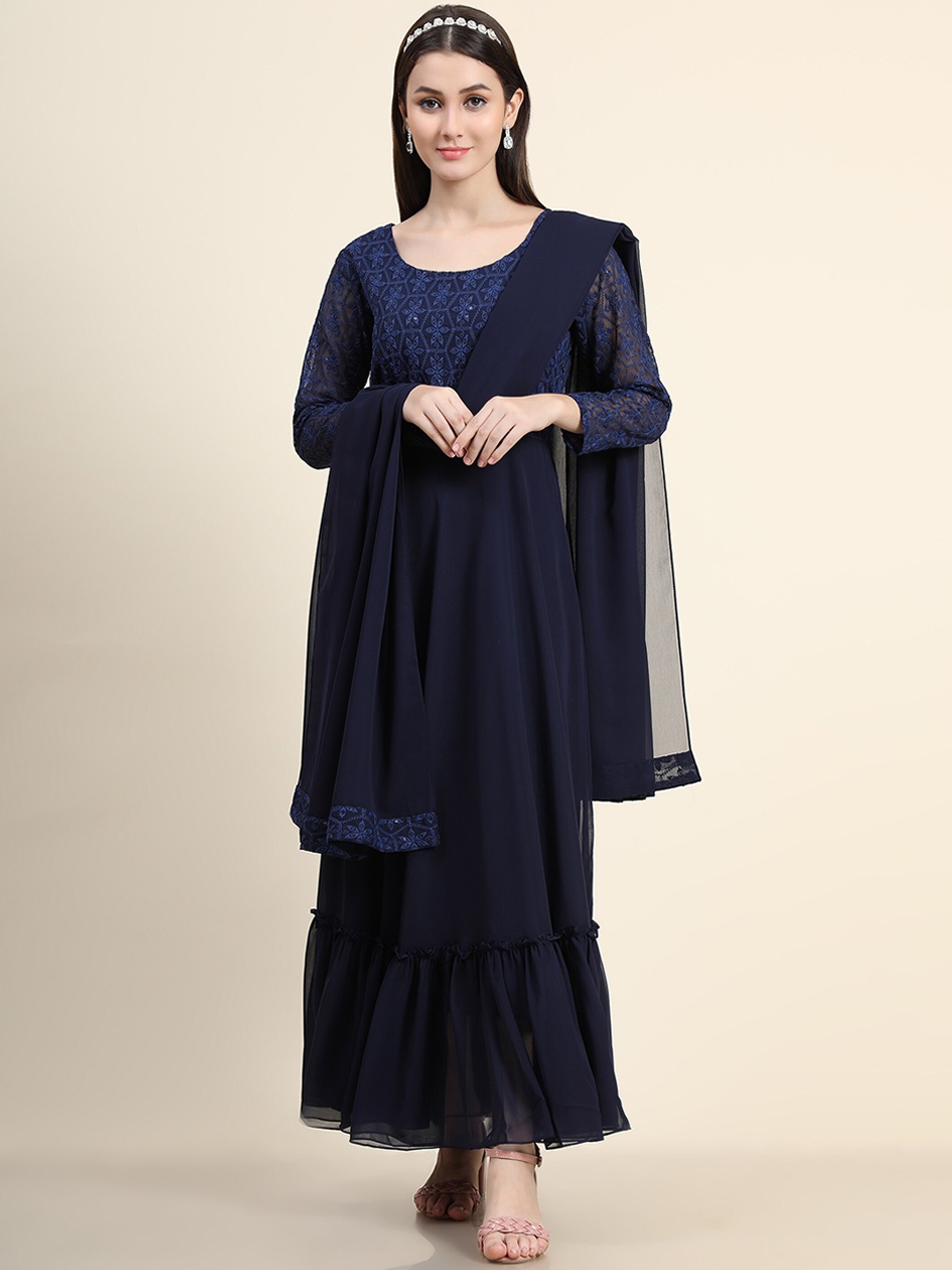 

KALINI Women Navy Blue Solid Chikankari Embroidered Maxi Dresses