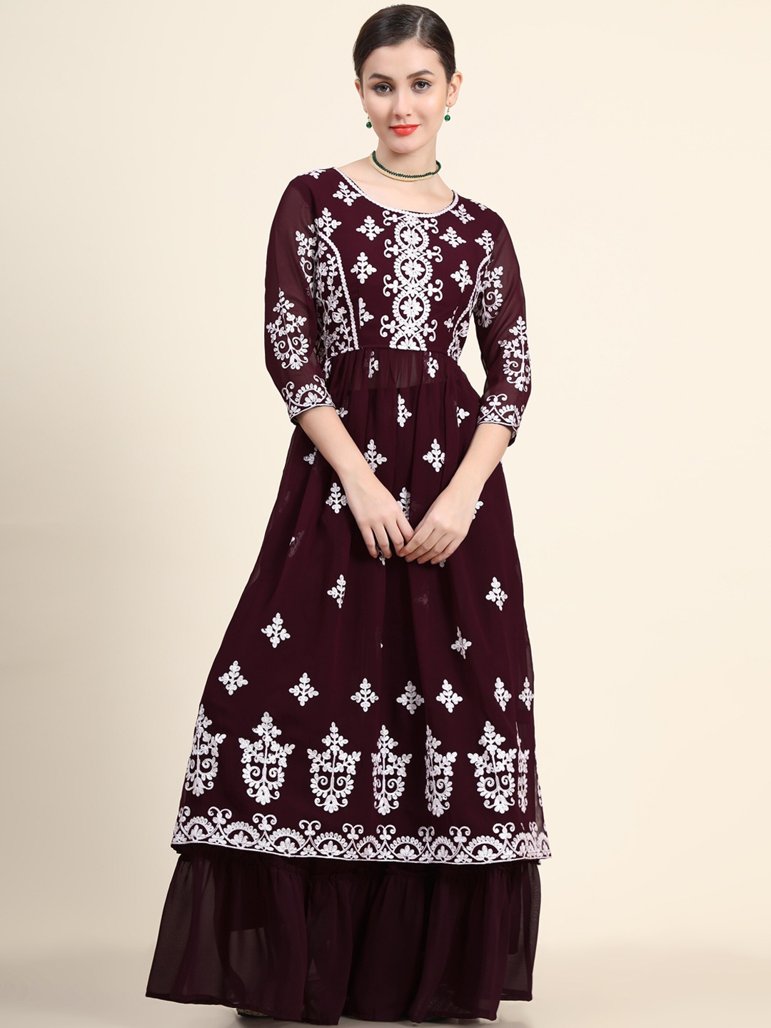 

KALINI Women Purple Floral Embroidered Layered Thread Work Kurta with Sharara