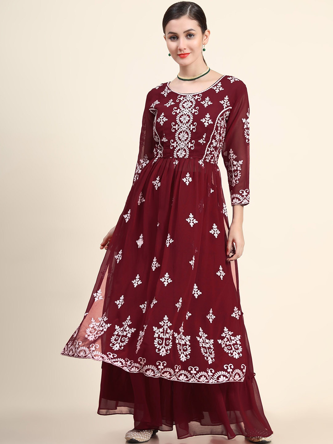

KALINI Women Maroon Floral Embroidered Layered Thread Work Kurta with Sharara