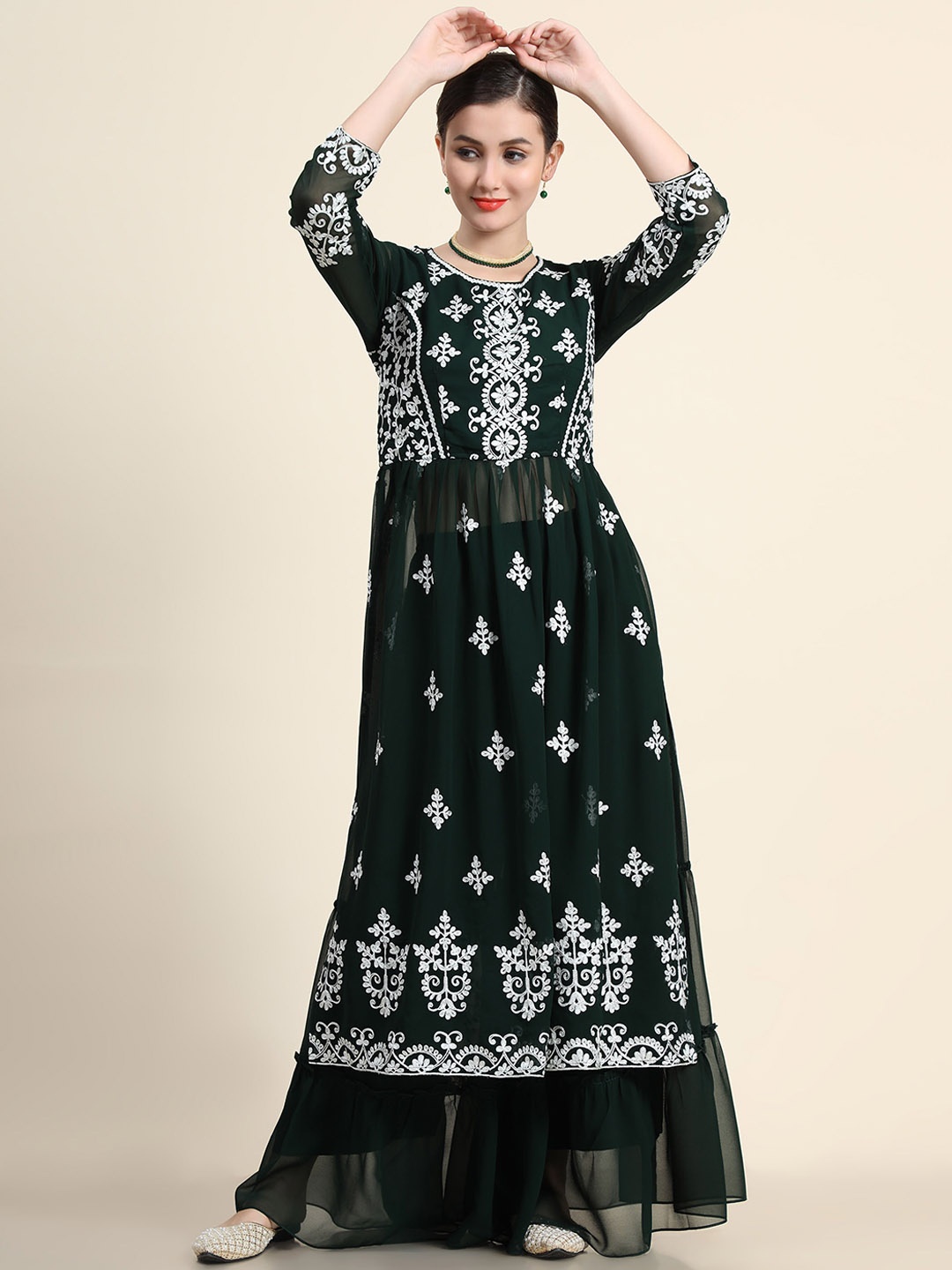 

KALINI Women Green Floral Embroidered Thread Work Kurta with Sharara