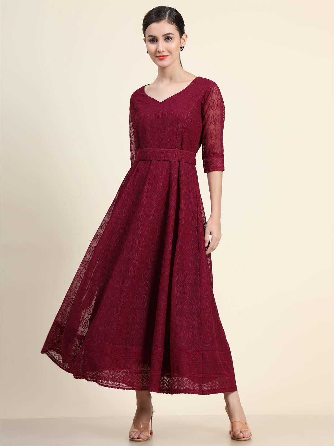 

KALINI Maroon Floral Embroidered V-Neck Chikankari Ethnic Dress