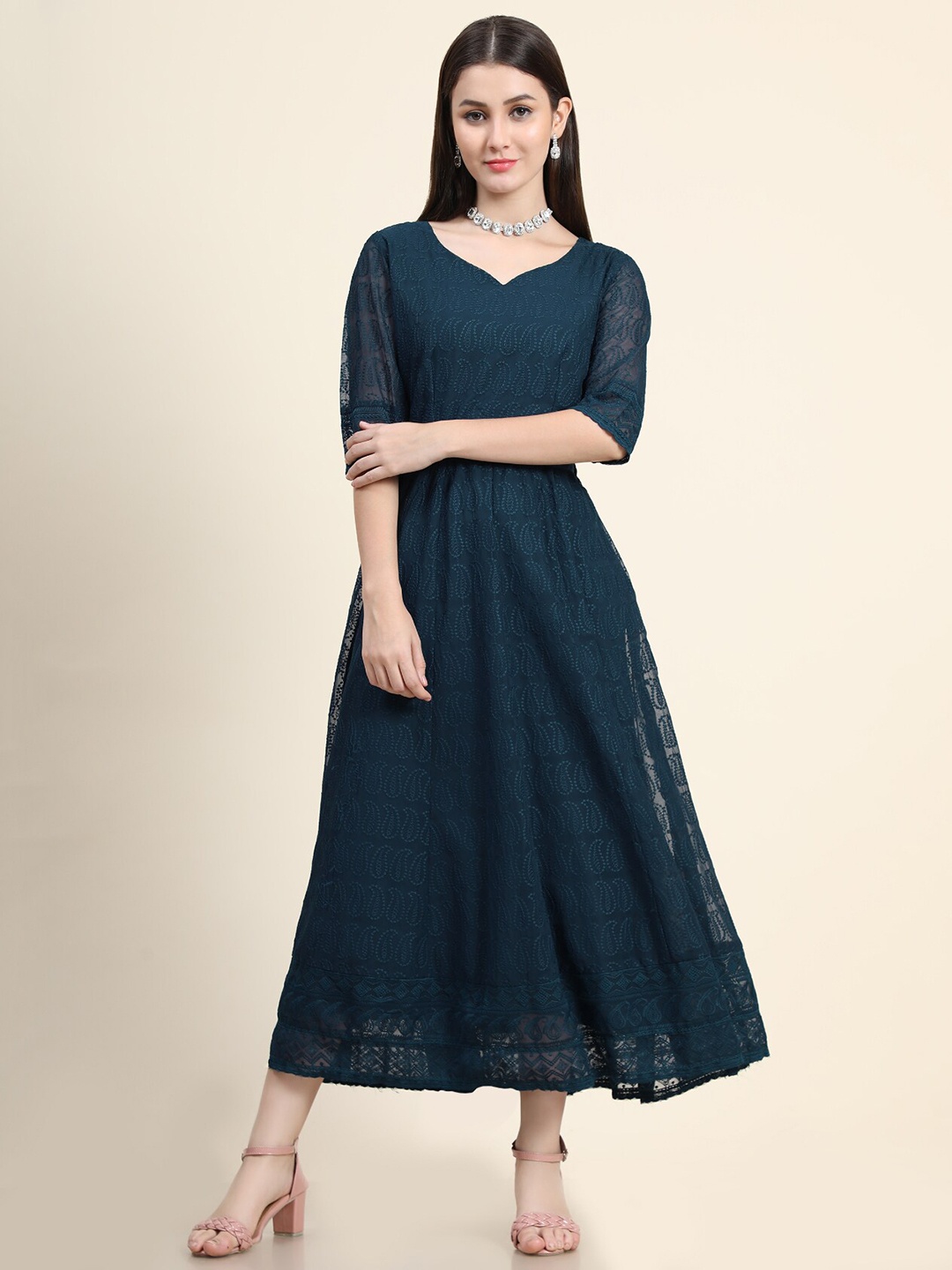 

KALINI Chikankari Embroidered Sweetheart Neck Georgette A-Line Ethnic Dress, Teal
