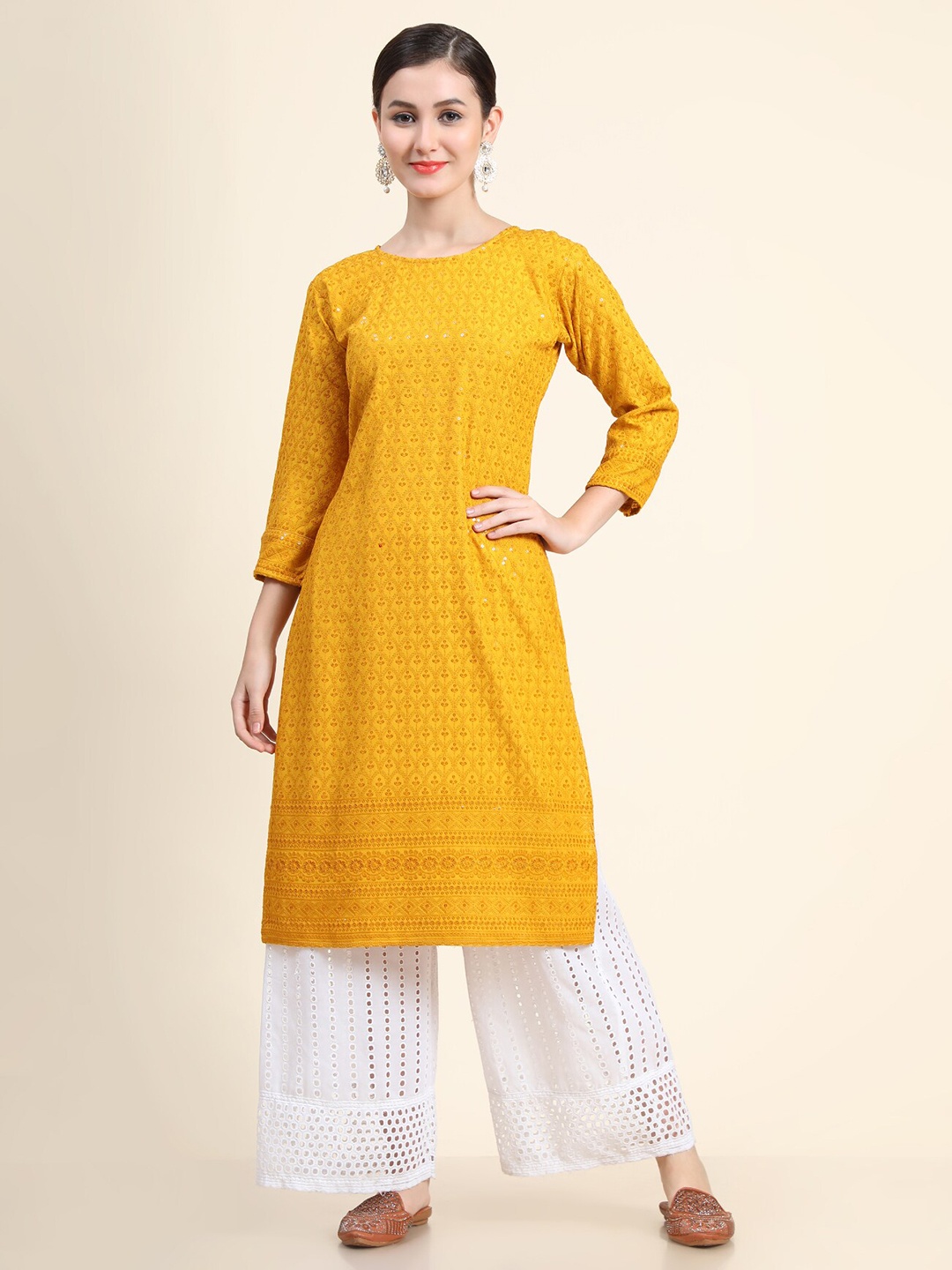 

KALINI Ethnic Motifs Embroidered Chikankari Georgette Kurta, Mustard