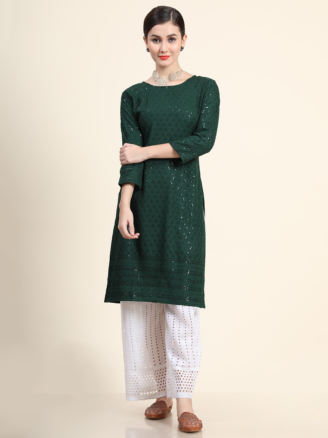 

KALINI Floral Embroidered Chikankari Georgette Kurta, Green