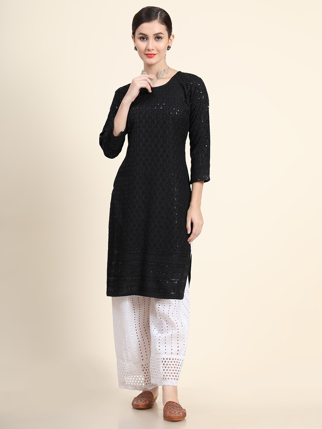 

KALINI Embroidered Chikankari Straight Regular Georgette Kurta, Black