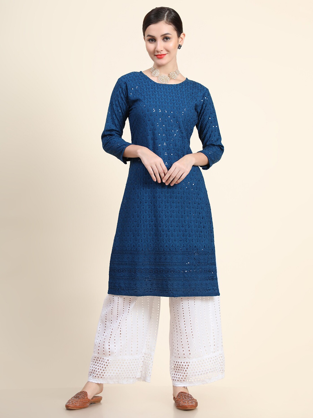 

KALINI Women Blue Ethnic Motifs Embroidered Chikankari Georgette Kurta