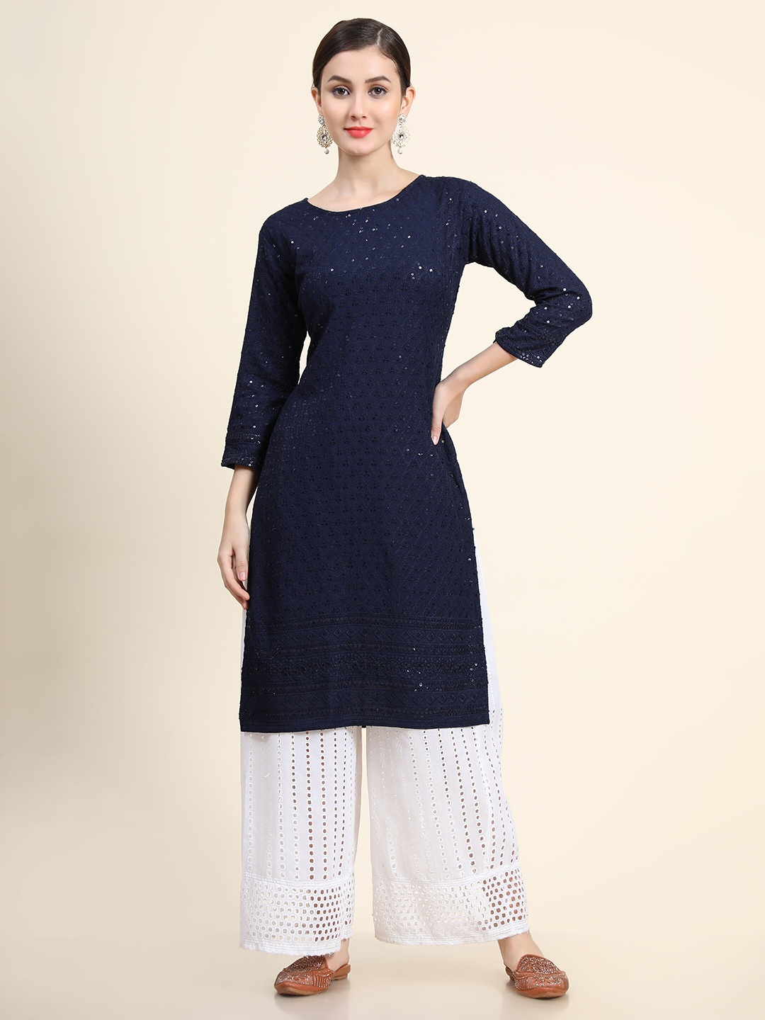 

KALINI Women Navy Blue Floral Chikankari Kurta