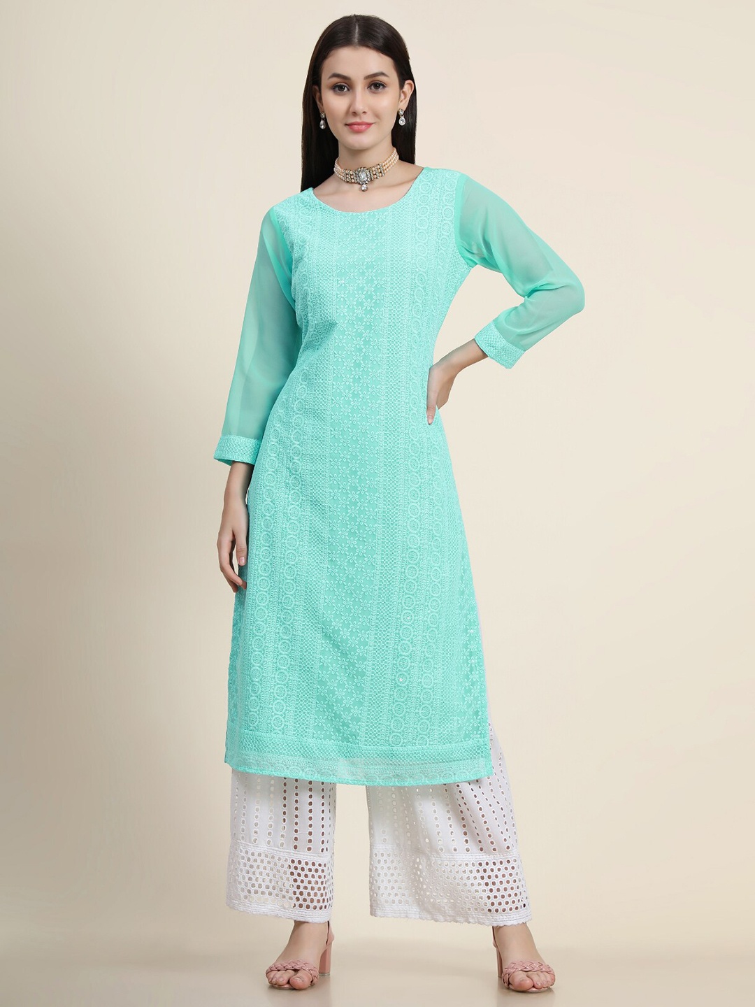 

KALINI Ethnic Motifs Embroidered Chikankari Straight Regular Georgette Kurta, Blue