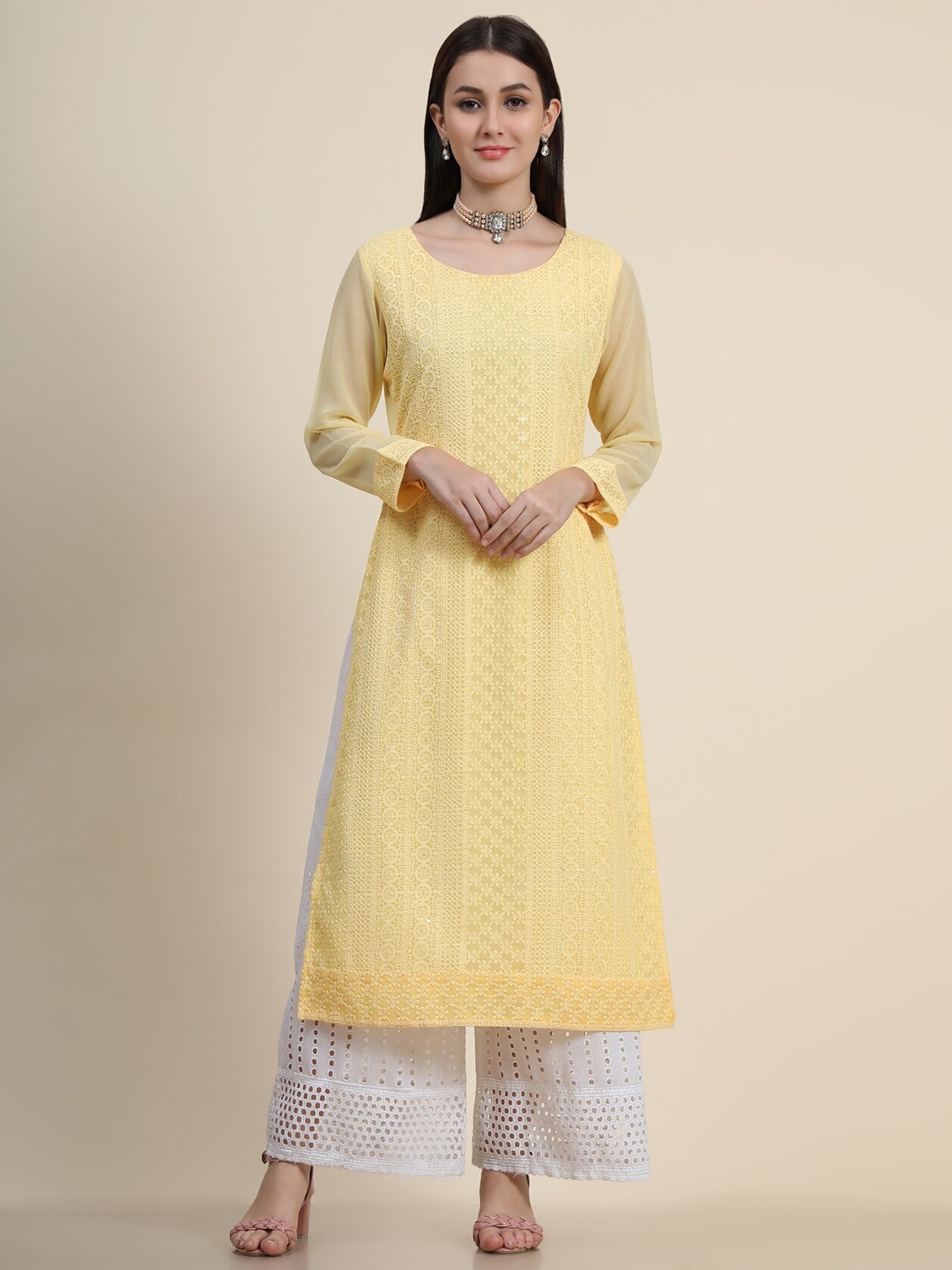 

KALINI Women Yellow Floral Embroidered Chikankari Georgette Kurta