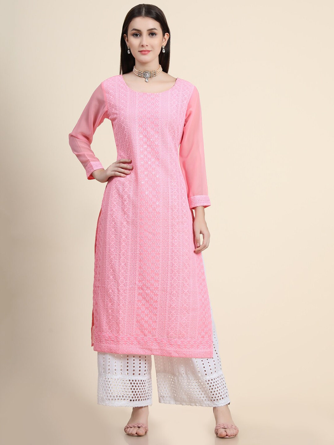 

KALINI Women Pink Floral Embroidered Chikankari Georgette Kurta