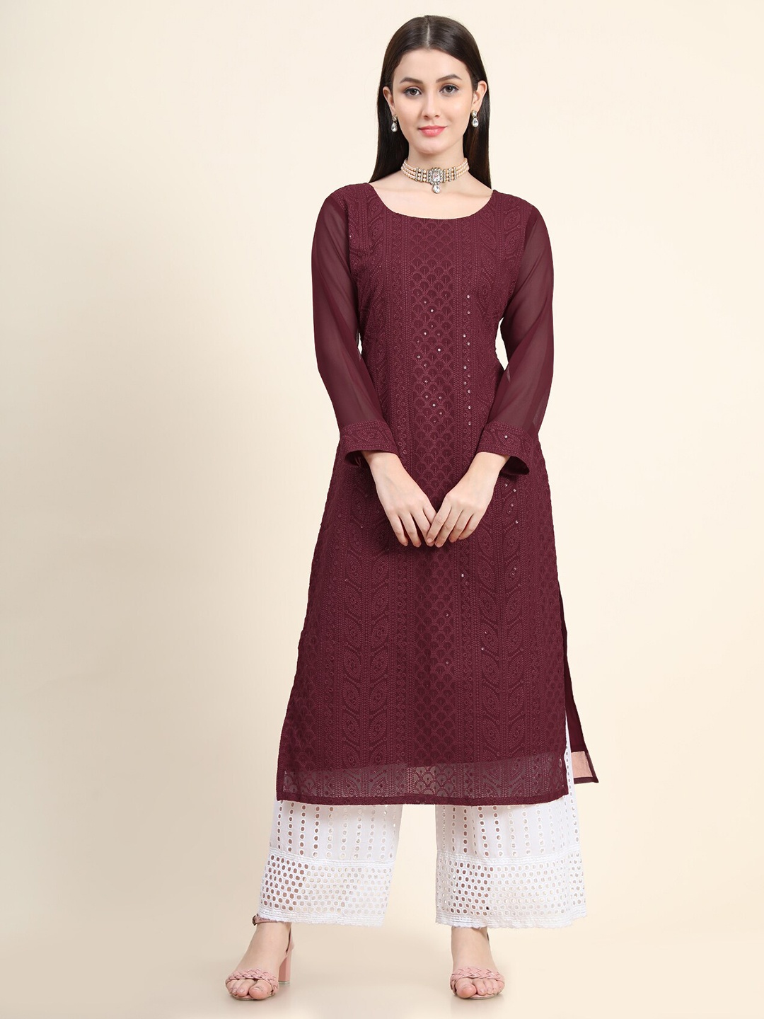 

KALINI Ethnic Motifs Embroidered Chikankari Straight Regular Georgette Kurta, Maroon